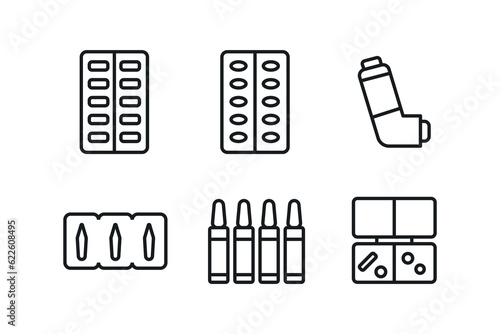 Pharmaceutical dosage forms editable stroke icon pack isolated on white background.