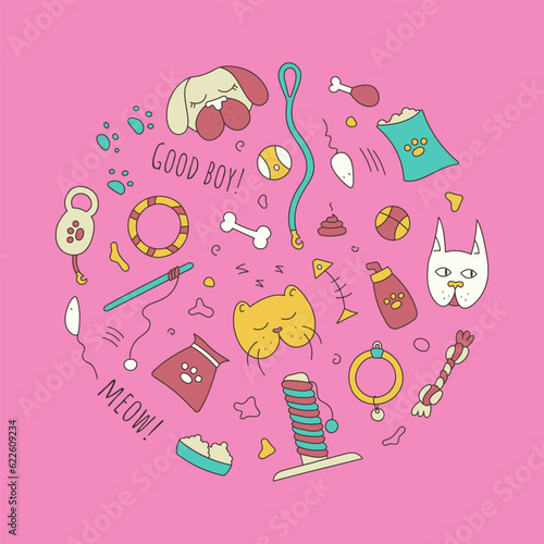 Set of pet store elements. Pictures of animal faces, accessories for pet care. Vector illustration on bright pink background.
