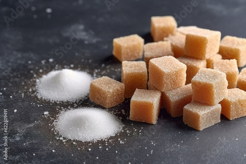 Brown, white cane sugar cubes and sugar substitute,sweetener. Generative AI