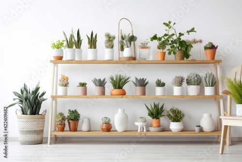 a white background banner advertising a furniture company with shelves that are unusually colored and pots filled with fake flowers. Copy space Indoors. Straight shelves. Succulents used as decor