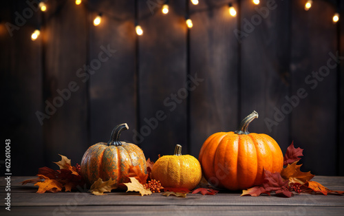 Autumn festival decor composition with pumpkins, garlands and maple leaves on dark wooden background with copy space. Halloween concept. Cozy home.