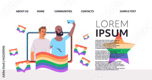 men taking selfie photo with lgbt rainbow flags social media network communication gay lesbian parade pride festival transgender love