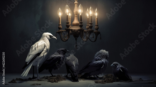 Crows and magpies discuss bird gossip and envy. The white crow is a metaphor denoting a person who differs in behavior and appearance from those around him. Generative AI. photo
