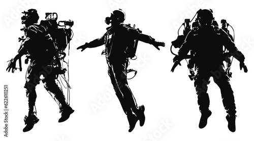 man fly wearing jetpack silhouette, future transportation technology