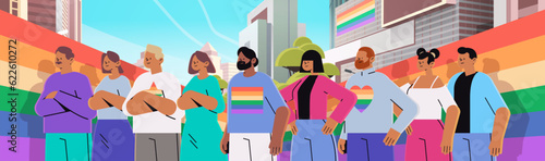 mix race people with lgbt rainbow flags gay lesbian love parade pride festival transgender love concept