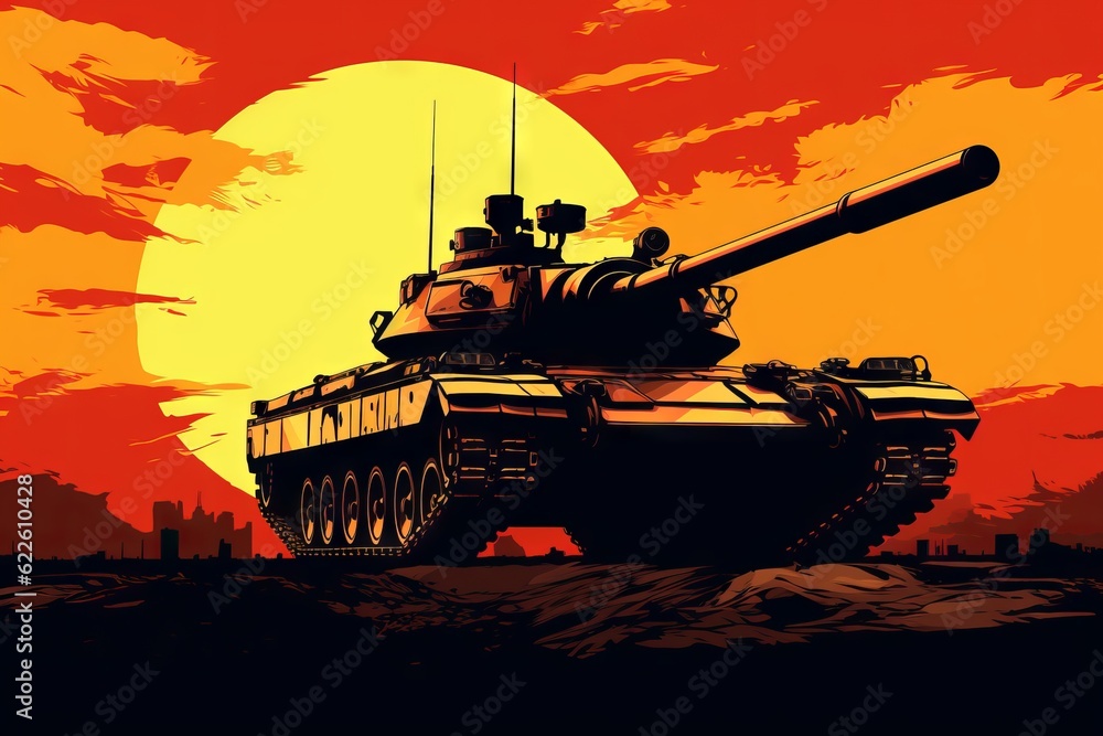 silhouette of american tank on the battlefield in evening with sunlight. Generative AI