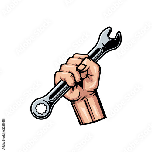 Hand holding wrench vector isolated on white background,