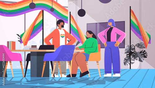 businesspeople with lgbt rainbow flags gay lesbian love parade pride festival transgender love concept modern office interior