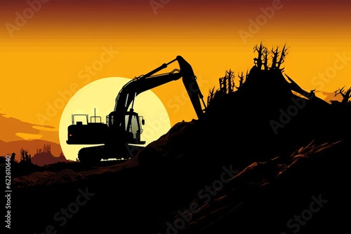 Silhouette of an excavator in a quarry. Generative AI