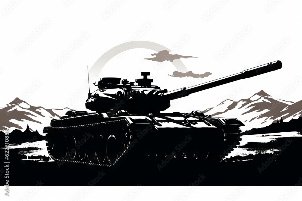 silhouette black and white of russian tank on the battlefield. Black And White. Generative AI