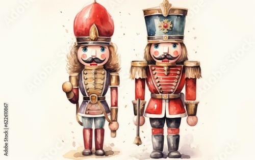 Watercolor nutcracker Christmas decorations soldier figurine toy set. photo