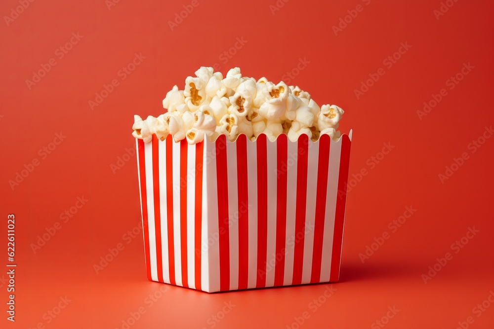 Popcorn in a box On Red Background. Generative AI