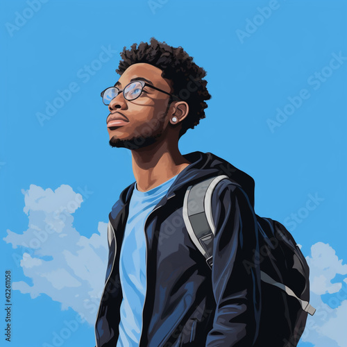 Black student on a blue background. Back to school. Generative AI.