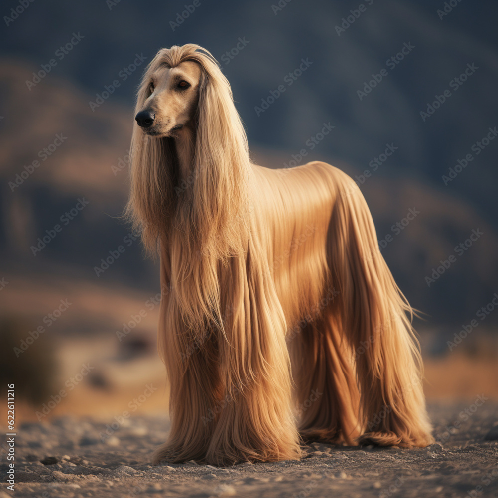 Portrait of an afghan hound dog. Generative AI. Portrait of an afghan hound dog. Generative AI.