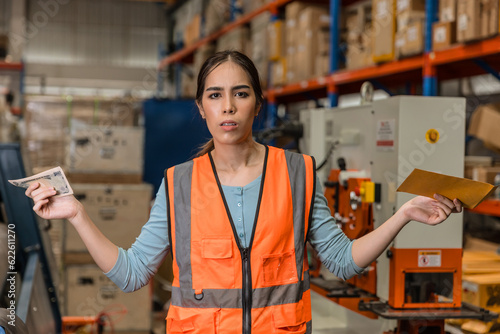 Female labor engineer showing dissatisfaction with salary received. employee industry worker unhappy less bonus cash pay