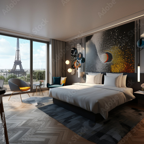 Hotel room in Paris. Generative AI.