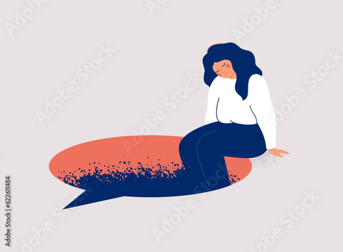 Difficult conversation. Sad woman sits on the edge of big speech bubble. Depressed girl has internal herself dialogue and suffers from anxious thoughts. Mental health concept. Vector illustration