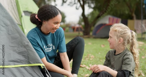 Child, camp counsellor and high five outdoor with support from a girl while camping, Winner, smile and emoji hand sign with young children and happy woman with freedom and youth motivation