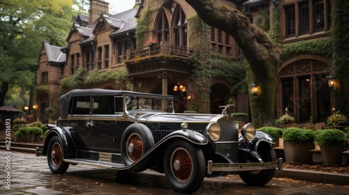 old car in front of a house, Retro car . mansion, luxury home. vintage car parked in front of a mansion  © Denis
