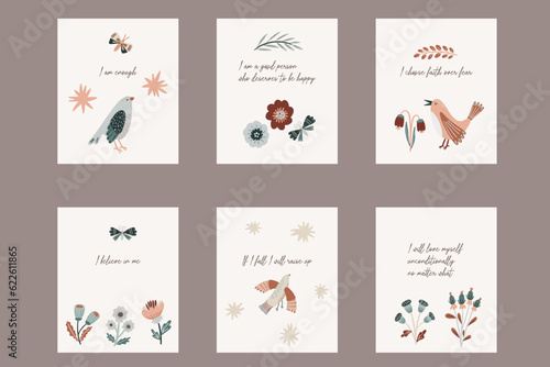 Affirmation cards with birds, butterflies, and flowers. Positive quotes, phrases, and sayings.  Hand-drawn vector illustration.