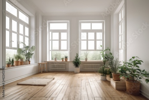 A stylish vacant room with picture windows, a parquet wooden floor, traditional shutters, and decorations in pots. Interior design concept with text space on a white background. Generative AI © Vusal
