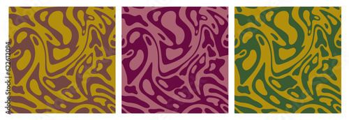 Set of wavy seamless Trippy patterns in earthy colors. Vector textures with smooth waves. Abstract vector swirl backgrounds in retro style.