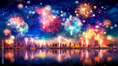happy new year, bright colorful fireworks over the city at night, made with Generative AI