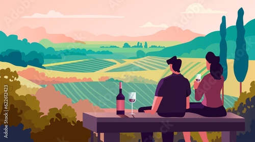 couple drinking wine and enjoying landscape view of green meadow shores nature tourism travel adventure concept