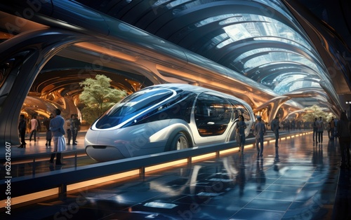 A modern bullet train in the futuristic city.