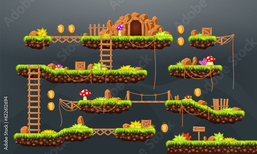 Video game. Elements and objects for computer game. Template for construction game level. Background for arcade game. Vector illustration.