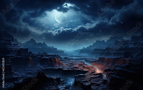 Blue mountain and river landscape with the moon.