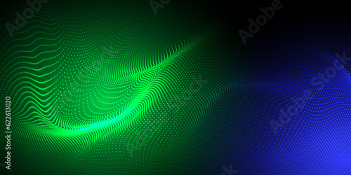 Abstract futuristic blue and green wave with moving dots. Flow of particles with glitch effect. Ideal vector graphics for brochures, flyers, magazines, business cards and banners. Vector.