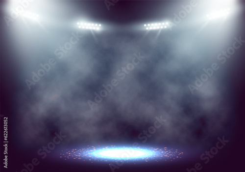 Spotlights. Scene for presentation illuminated by spotlights with smoke. Vector illustration.