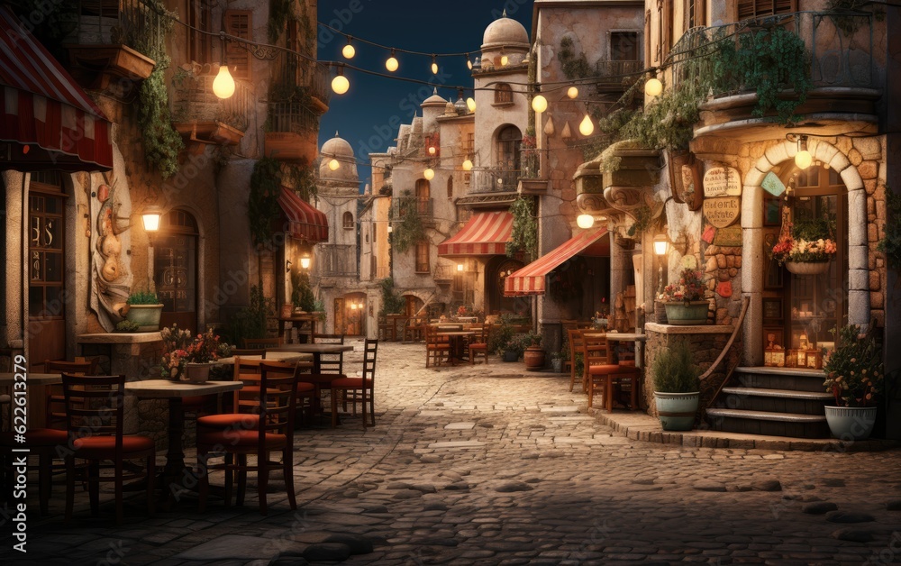 Fototapeta premium Street in the town with vintage buildings at night.