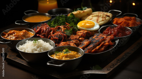 assorted indian curry and rice dishes shot 