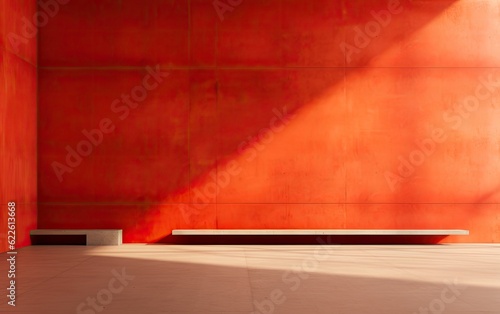 A minimalist interior design with the red wall in the morning. © hugo