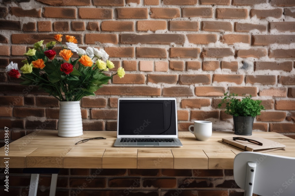 A wooden table with a laptop computer, a white blank screen, a notebook, a pen, and a basket of flowers is placed behind a vintage brick wall. Generative AI
