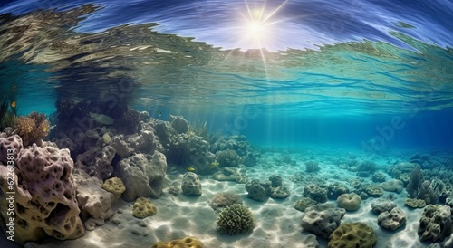 Underwater view of the rocks and coral reef in the Mediterranean Sea.  Beautiful seascape with turquoise sea water. Composition of nature. Beautiful seascape with crystal clear water. 3d render