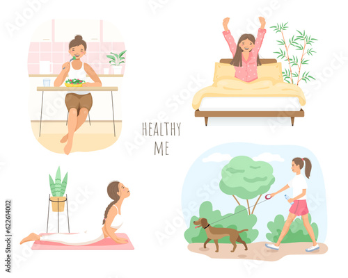 A set of images of subjects that ensure a woman's health. A woman eating healthy food. A woman walking in the fresh air. A woman practicing yoga.  The woman has a good night's sleep.
