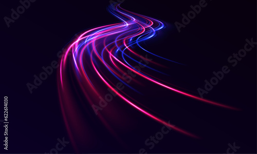 Abstract light lines of movement and speed.  Light everyday glowing effect. semicircular wave, light trail curve swirl, car headlights, incandescent optical fiber. 