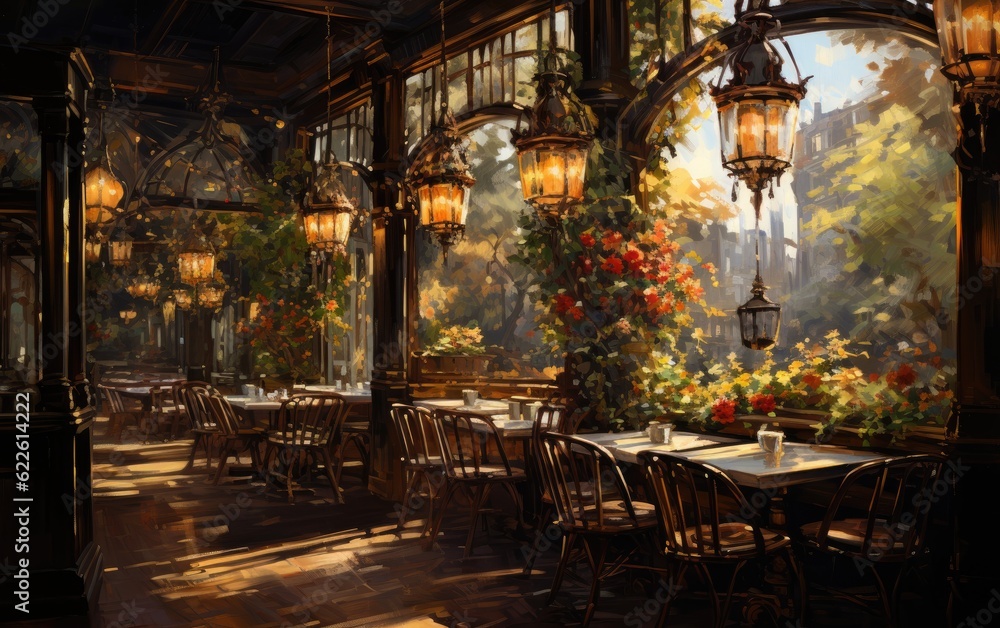 A restaurant in the morning with strong sunlight.