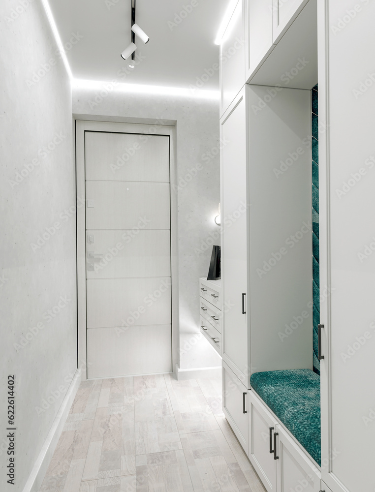 3D visualization of a hallway with a mirror at the entrance in light colors, a comfortable soft seat and lockers for outerwear. Modern interior. Minimalizm. Design concept 3D visualization of a hallway with a mirror at the entrance in light colors, a comfortable soft seat and lockers for outerwear. Modern interior. Minimalizm. Design concept