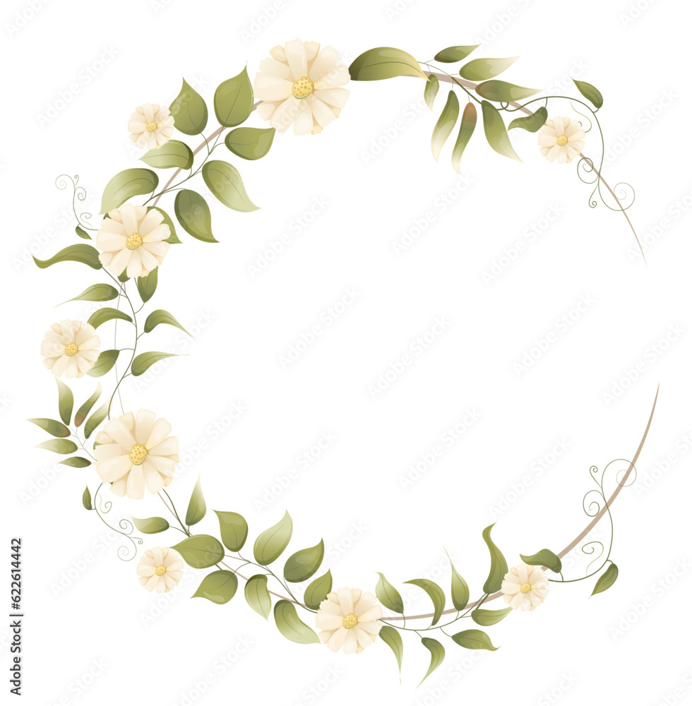 Fototapeta premium Delicate floral frame illustration in vector. Invitation design with leaves, white flowers, geometric frame. Greenery Vector illustration.