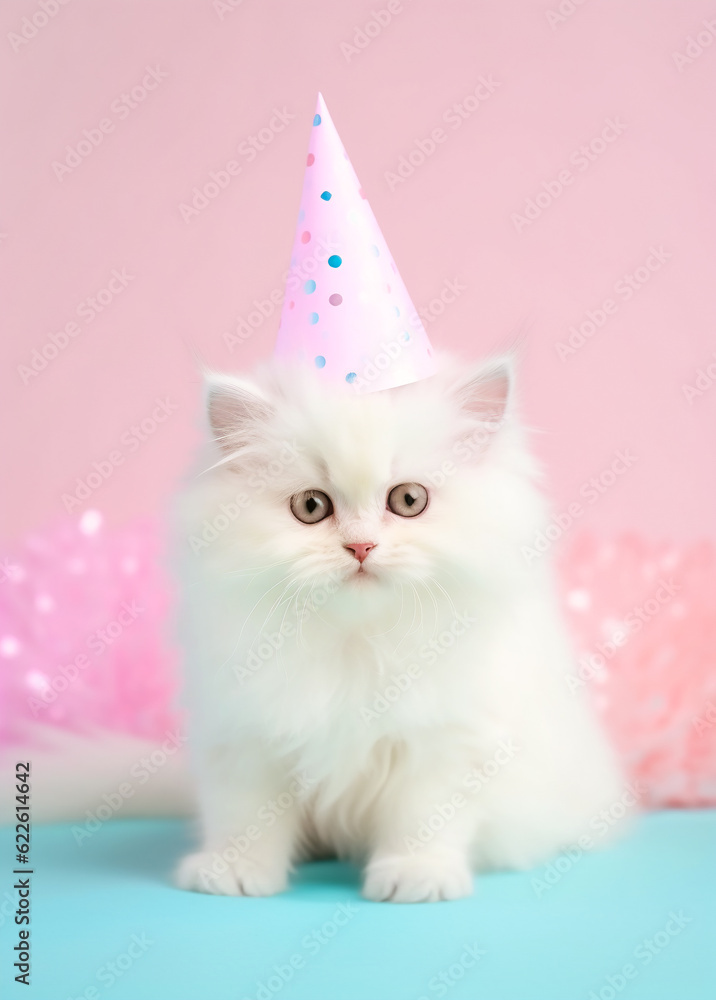 Cute fluffy white kitten in a party hat on duotone neon pink blue background. Card banner template birthday celebration sale Cute fluffy white kitten in a party hat on duotone neon pink blue background. Card banner template birthday celebration sale