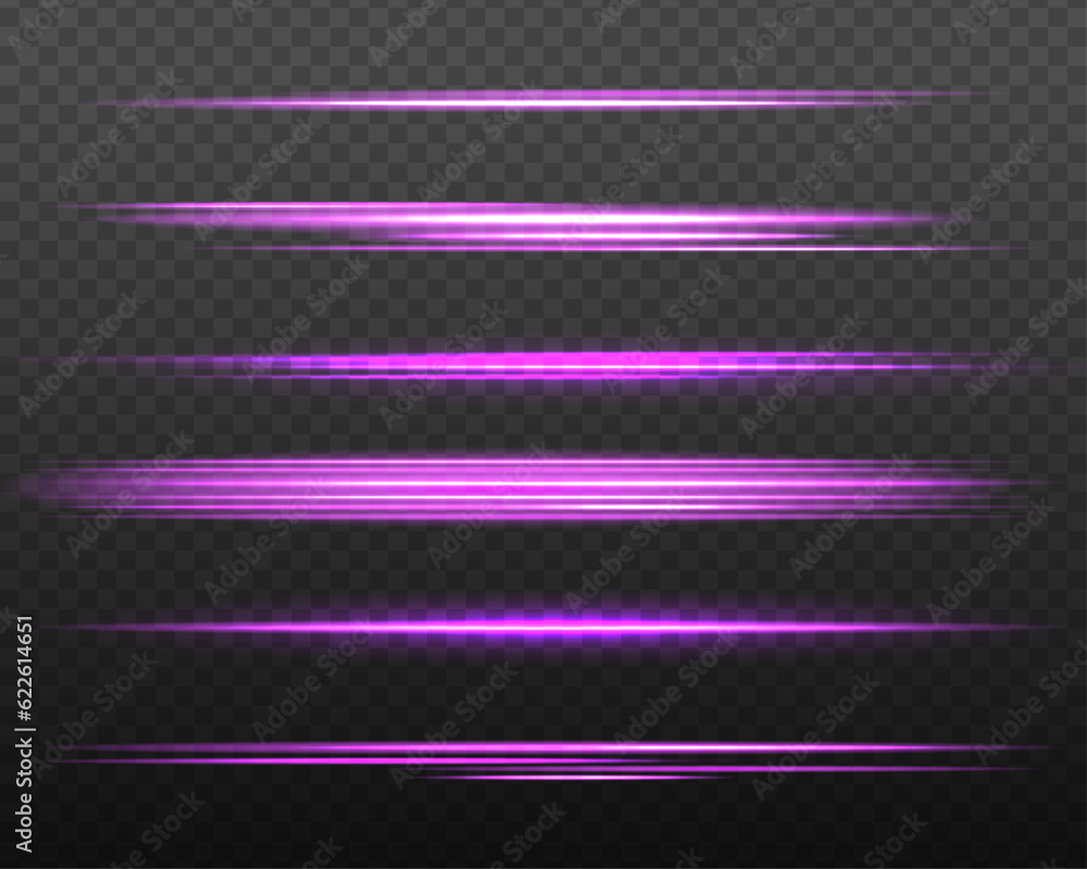 light line purple twirl. Curve light effect of pink line. Electric thunder bolt, fluorescent shiny ray lines isolated on transparent dark background. Vector illustration.
