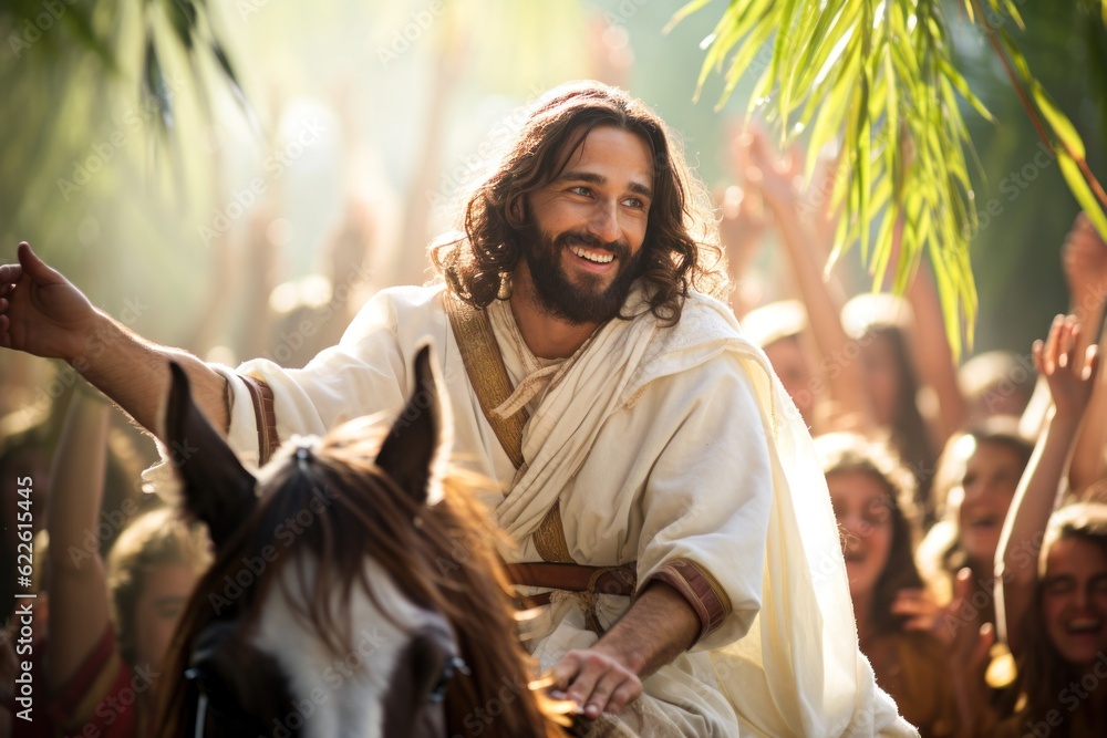 Fototapeta premium Triumphal entry of Jesus Christ into the city of Jerusalem applauded by the crowd of people Generative AI Illustration