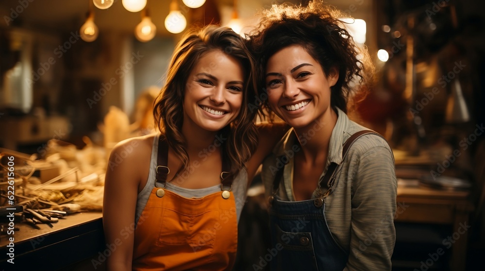 Two Happy young craftswomen smiling at the camera in their workshop. created using generative AI. Two Happy young craftswomen smiling at the camera in their workshop. created using generative AI.