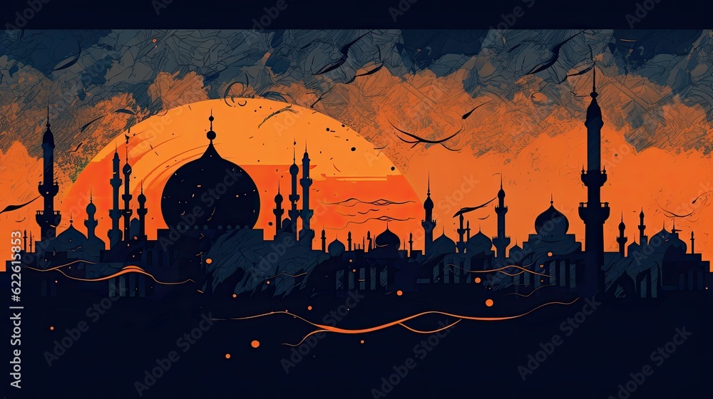 Illustration of sunset over the mosque. Ramadan Kareem background