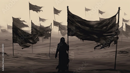 Fantasy illustration of a woman holding a flag in the desert