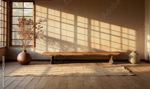 Empty traditional Japanese style room with tatami mat floor in sunlight from wood shoji photo